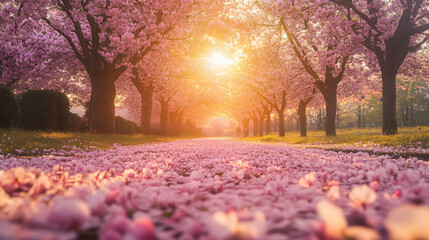 Dreamy vista of cherry blossom avenue carpeted in pink petals basking in soft sunlight