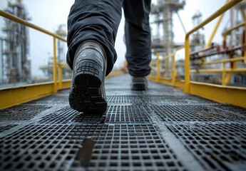Obraz premium A worker wearing safety shoes is walking on steel grating at an oil and gas facility. The perspective is from the feet, showing detailed details of the industrial floor materials in action