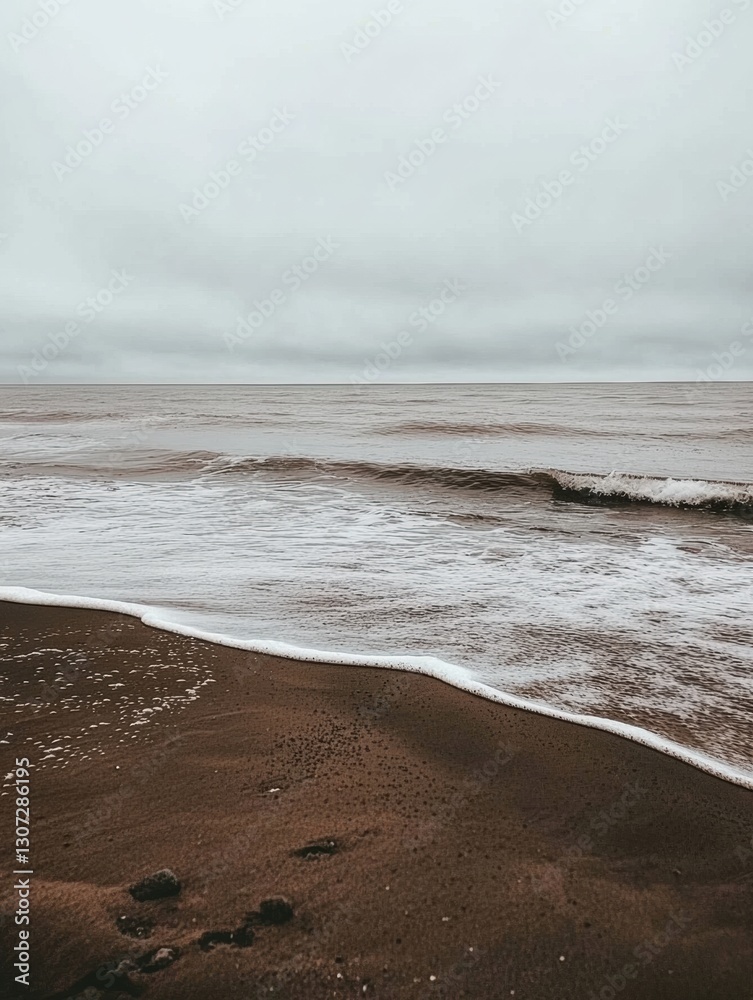 Fototapete Lonely seashore with gentle waves under overcast sky inviting reflection and serenity Generative AI