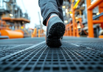 A worker wearing safety shoes is walking on steel grating at an oil and gas facility. The perspective is from the feet, showing detailed details of the industrial floor materials in action