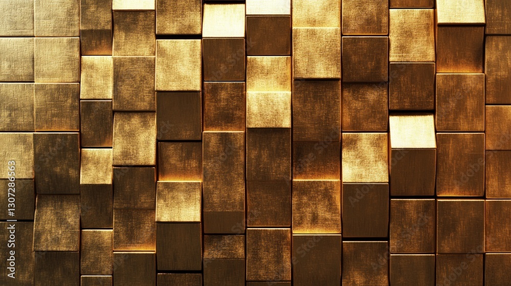 Poster abstract pattern of golden cubes with varied textures creating a textured three-dimensional wall