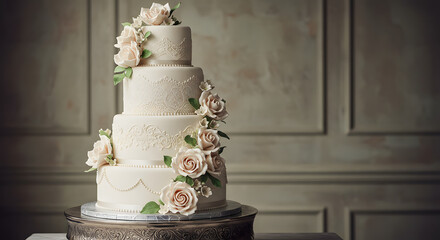 four story white wedding cake on a table