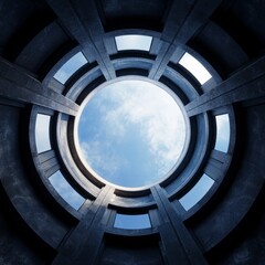 Circular Skylight Architecture - A stunning of a circular skylight in a modern concrete structure, showcasing a bright blue sky