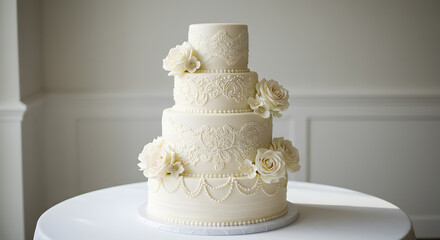 four story white wedding cake on a table