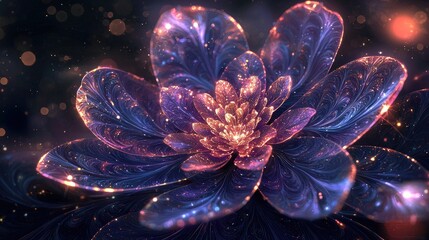 A stunning, otherworldly flower as the focal point, with intricate, glowing petals radiating vibrant colors such as deep purples, soft blues, and shimmering 