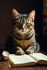 Povero gatto conpiede sulla scrivania davanti ad un orologio, scrivania, animale domestico