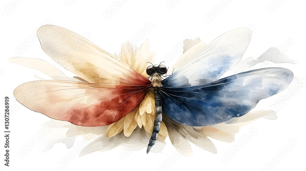 Aufkleber and Whimsical Watercolor Dragonfly Painting with Subtle Brushstrokes and Vibrant Hues Blending Seamlessly on a White Backdrop Creating a Serene and Elegant Design