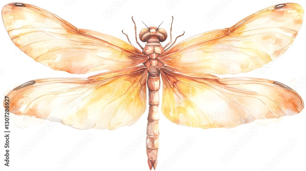 Poster delicate and vibrant watercolor of a dragonfly with soft ethereal wings isolated on a clean white ba