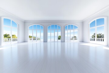 Fototapeta premium Coastal View Living Room Panorama - Serene coastal panorama, bright airy space, minimalist design, ocean view windows, tranquil ambiance. Symbolizes peace, luxury, openness, freedom, and escape