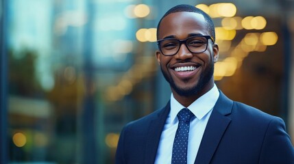 Fototapeta premium Smiling Black Man Wearing Glasses And A Business Suit