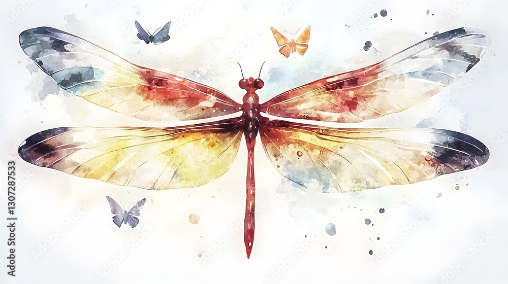 Poster Stylish and minimalistic watercolor dragonfly with subtle textures and a balanced color palette ideal for modern nature creative art projects