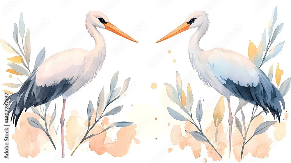 Poster elegant and poised storks captured in a watercolor composition their graceful forms complemented by 