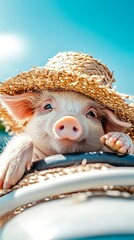 Adorable piglet wearing a straw hat while playfully sitting in a toy vehicle under a sunny sky