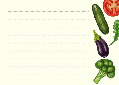A blank lined recipes card or grocery lists with watercolor illustrations of vegetables including a tomato, cucumber, eggplant, spinach, and broccoli on the right side.