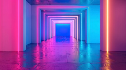 Vibrant Neon Tunnel with Pink Blue Orange Glowing Lines and Wet Floor Reflections