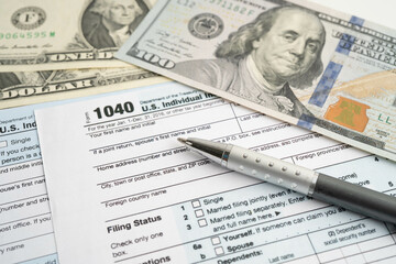 Tax form 1040 U.S. Individual Income Tax Return and bitcoin, business finance, Digital currency, Virtual cryptocurrency.