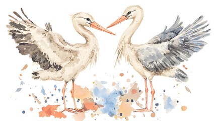 Obraz premium A whimsical and expressive watercolor artwork featuring two elegant storks their refined forms contrasted against a dynamic splash of vibrant color