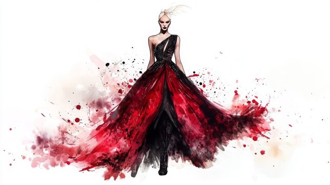 high-fashion runway model, elegant pose, exaggerated proportions, flowing couture gown with intricate details, dynamic brush strokes, soft watercolor textures