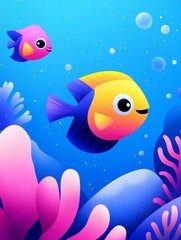 Fototapeta premium Colorful Fish and Coral Reef Underwater Scene - Vibrant underwater world, playful fish, coral, ocean life, marine beauty. Symbolizing joy, peace, serenity, exploration, and wonder