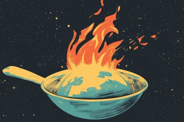 Earth on fire in cosmic skillet with stars in background