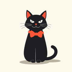 Obraz premium Cartoon black cat with orange bow tie and a stern face