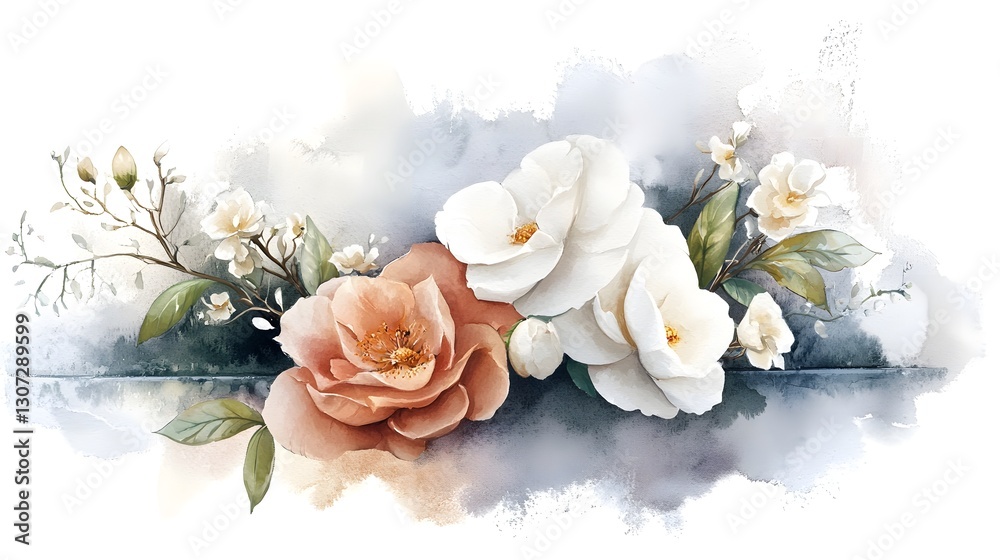 Poster A serene and elegant floral painting featuring an enchanting mix of orchids and roses their delicate petals arranged in a natural and visually captivating way enhanced by a soft color palette
