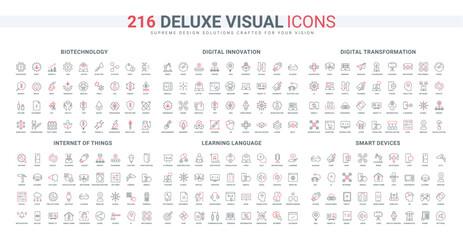 Smart home devices and IOT control, digital transformation and innovation of AI automation, digitalization line icon set. Language learning thin black and red outline symbols vector illustration