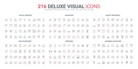 Hotel hospitality, visa and passport for travel, vacation line icon set. Catering service, event planning for wedding and birthday party thin black and red outline symbols vector illustration