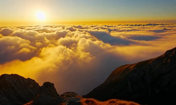 Breathtaking sunset over a sea of clouds viewed from a mountain peak with rocky terrain in foreground