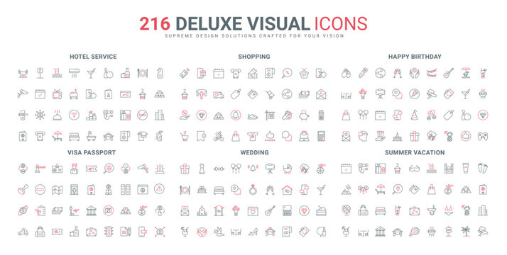 Hotel hospitality, visa and passport for travel, vacation line icon set. Catering service, event planning for wedding and birthday party thin black and red outline symbols vector illustration
