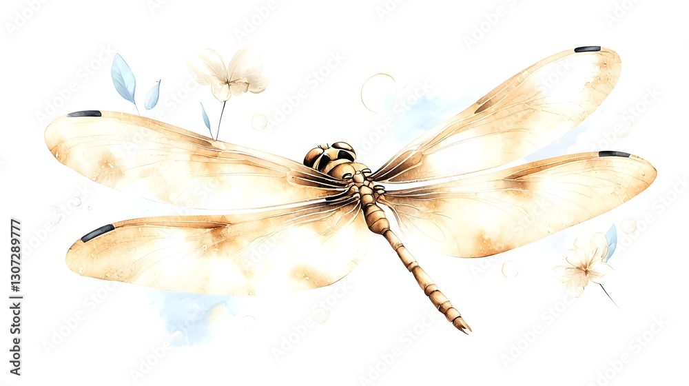 Poster a whimsical and elegant watercolor dragonfly showcasing soft brushstrokes and wings in a blend of vi