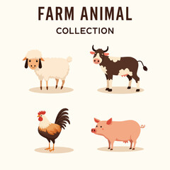 Cartoon Farm Animal Collection with Sheep, Cow, Rooster, Pig