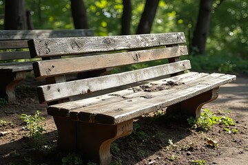 Naklejka premium Rustic Wooden Park Bench in Sunny Green Setting