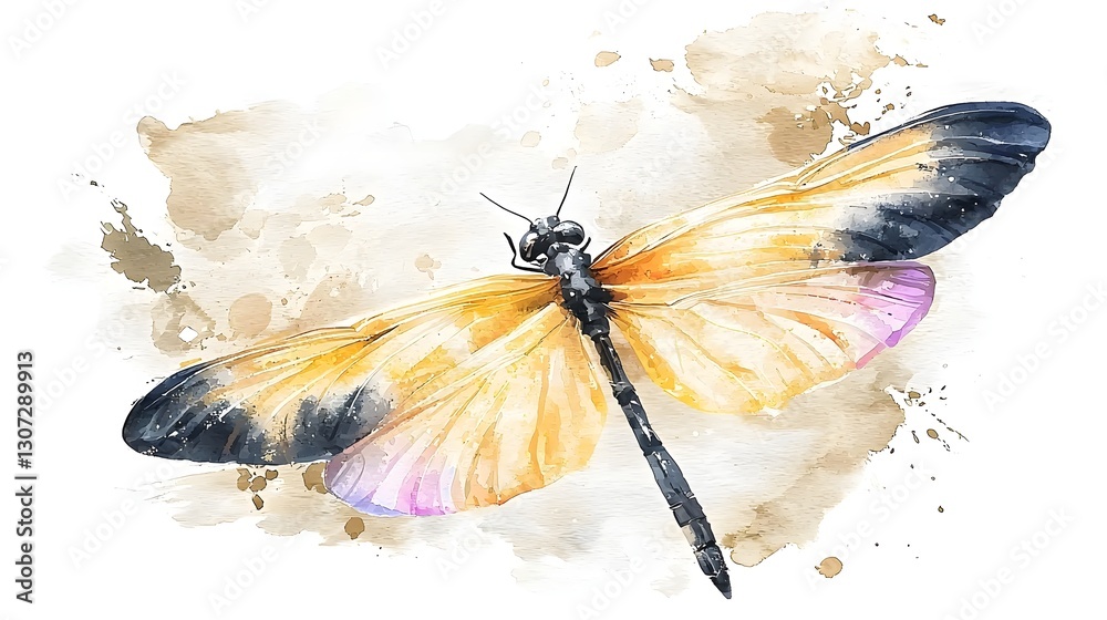 Poster A captivating minimalist watercolor painting showcasing a detailed dragonfly with intricate wing patterns and vibrant harmonious colors set against a crisp white backdrop