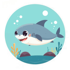 Naklejka premium Cartoon Grey Baby Shark Swimming in Ocean Circle