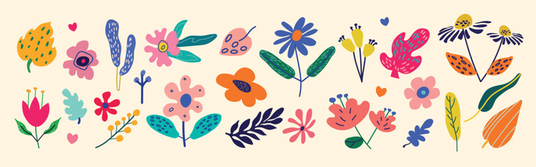 Collection of colorful spring flower elements in vector format. A set of hand-drawn wildflowers on a beige background. Perfect for decoration, Easter designs, stickers, clipart, and prints.