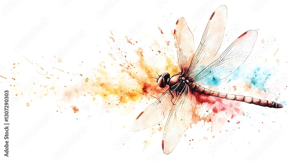 Poster captivating and ethereal watercolor depicting a serene and graceful dragonfly showcasing intricate d