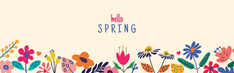 Hello Spring' card or horizontal poster for spring holidays featuring wildflowers. A cute floral frame on a light background. Hand-drawn vector template for birthdays, Easter, or Mother's Day 