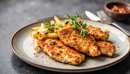 Delicious veal schnitzel served on elegant tableware, culinary delight
