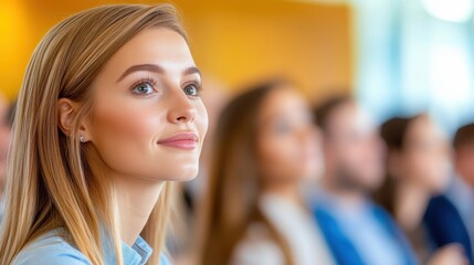 Fototapeta premium Smiling Young Woman Captivates Audience With Interest.
