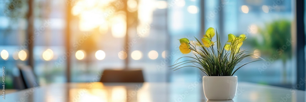 Aufkleber bright yellow flowers in a modern office setting at sunset with soft reflections and a serene atmosp