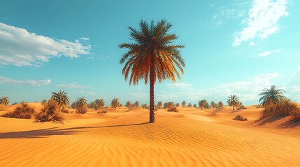Palm Tree in Sandy Desert Landscape with Blue Sky and Clouds