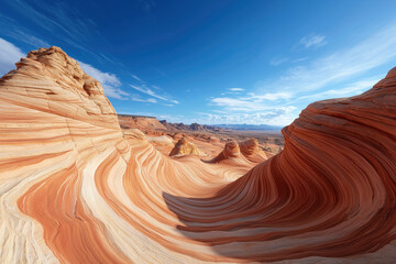 Majestic Desert Landscape: Arizona's Stunning Sandstone Waves. Explore the captivating beauty of this natural wonder, a breathtaking panorama of swirling rock formations under a vibrant blue sky.
