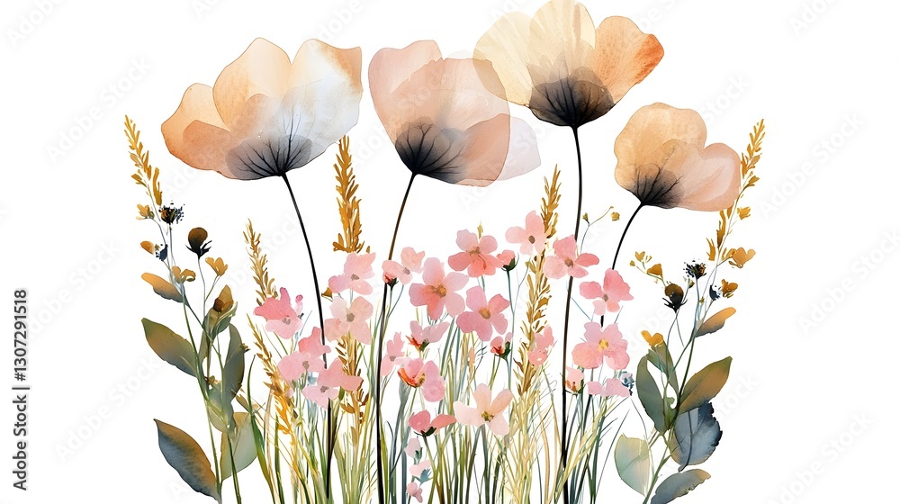Aufkleber elegant and x ray floral watercolor painting with transparent blossoms and petals set against a mini