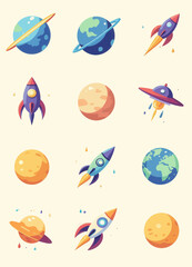 Colorful Cartoon Planets and Rockets Patterned Background