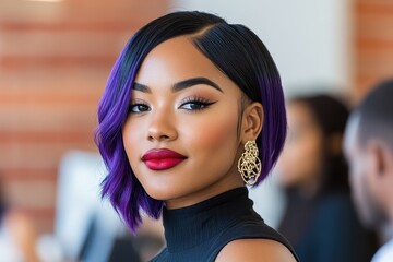 Stylish Woman With Purple Hair And Red Lipstick