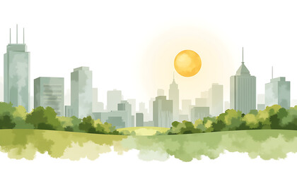 Watercolor cityscape with greenery and sun in soft tones.
