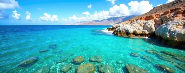 Fototapeta premium Turquesa de fondo en las aguas cristalinas de Bajamar con un paisaje de nubes doradas, turquoise water, oceanic, tenerife