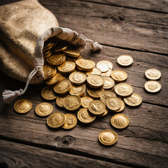 Success in business concept with golden coins in a bag on a wooden table. 