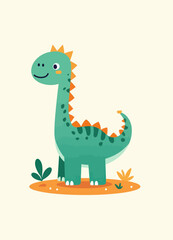 Cute green cartoon dinosaur with orange spikes